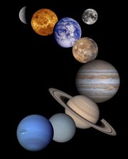 Mosaic of the planets of the solar system, excluding Pluto, and including Earth's Moon. Note: planets are not portrayed in the same scale.